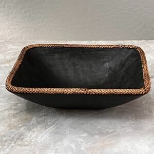 Vtg Black Wooden Bowl Decor 11.5" With Rattan Trim MCM Modern Country Primitive